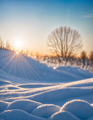 Wall Mural - Winter snow background with snowdrifts, with beautiful light and snow flakes on the blue sky, beautiful bokeh circles, banner format, copy space.