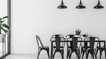 Canvas Print - Black metal table set in dining room and kitchen, white wall background with space for mockup, front view