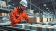 © Sarawut - Worker checking items on a conveyor belt, wearing a hard hat, surrounded by large boxes, illustrated in a detailed, professional style.