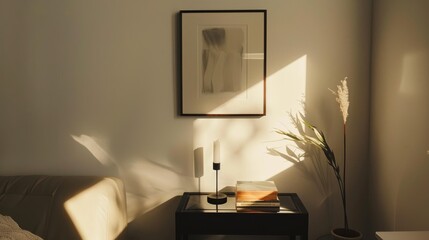 Wall Mural - A cozy, minimalist room with soft sunlight entering through a window, illuminating a framed picture, a potted plant, and neatly arranged books on a shelf.