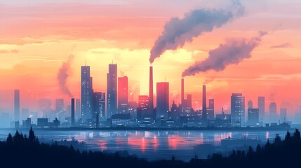 Flat industrial landscape with factories and smokestacks, in front of a modern city skyline, featuring clean lines and vibrant colors, illustrated in a minimalist vector style.