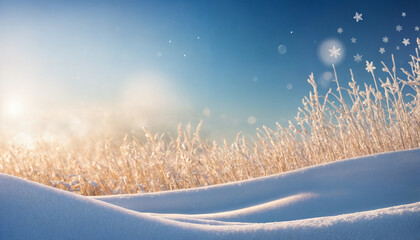 Wall Mural - Winter snow background with snowdrifts, with beautiful light and snow flakes on the blue sky, beautiful bokeh circles, banner format, copy space.