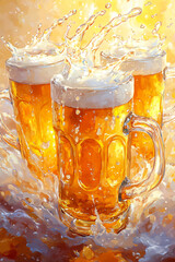 Wall Mural - Two mug with cold fresh golden beer clinking together with splashing out on white background. Craft beer on glass on Oktoberfest, international beer day and St. Patrick's day celebration.