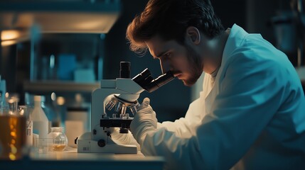 Poster - young scientist examining samples under a microscope in a laboratory at night while wearing gloves a