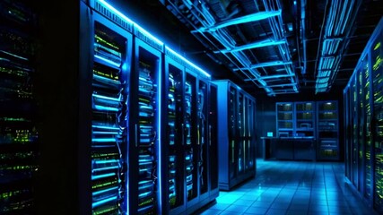 Poster - Rows of server racks in a data center lit by blue lights with a clean floor.