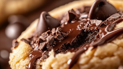 Wall Mural - A close-up of a decadent chocolate chip cookie with melted chocolate and chocolate pieces.