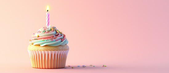 Wall Mural - Birthday cupcake with colorful cream and candle on pink background banner with copy space 