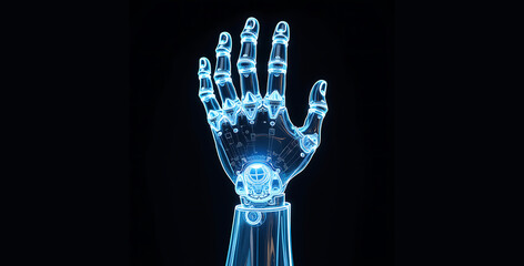 Reaching out with bright light emanating from a robotic arm with illuminated circuits. Future technology concept. Generative Ai