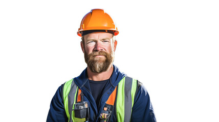 Confident construction worker in hard hat on transparent background PNG.
