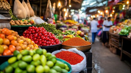 Vibrant market scene filled with fresh fruits and spices, showcasing colorful produce in a bustling atmosphere.