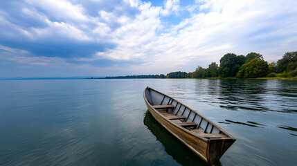 Canvas Print - Serene Lake with Wooden Boat and Stunning Cloudscape - Tranquility and Nature Photography