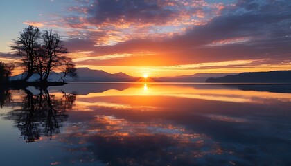 Sticker - Silhouette beauty of nature at sunrise or sunset, reflected in the lake.