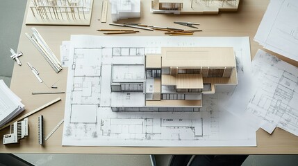 Poster - Architectural model and blueprints displayed on a work table in a design studio during daylight hours