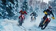 © VK Studio - Three riders on dirt bikes blazing through a snowy forest trail, showcasing adventure and speed.