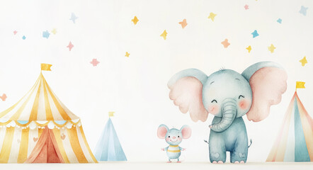 Wall Mural - A cute elephant and mouse stand next to each other under circus tents