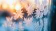 © BerkahStock - Beautiful frost-covered window with delicate snowflake patterns illuminated by sunset.