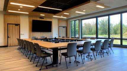 A U-shaped wooden conference table in a bright meeting room with large windows, wood accents, and comfortable office chairs.