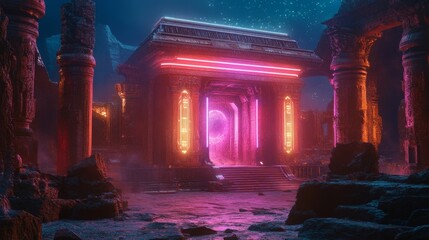 Futuristic Ruins with Neon Lights and Portal