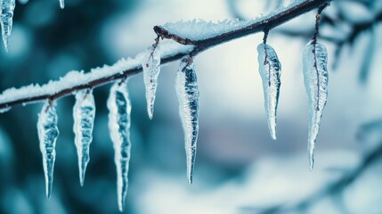 Canvas Print - Icicles hanging from a snowy branch, showcasing winter's beauty and cold atmosphere.