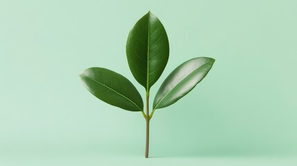 Wall Mural - Green Leaf Branch with Three Leaves on a Light Green Background