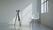 © VK Studio - A minimalist studio with a white chair and a camera on a tripod, illuminated by natural light streaming through a large window.