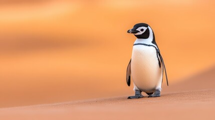 Poster - A penguin standing on a sandy beach with some sand in the background, AI