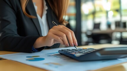 Poster - A businesswoman efficiently manages finances with a focus on budget planning, tax calculations, and accounting principles