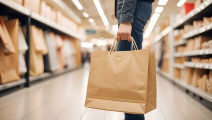 shopping bag mockup a person holding a brown paper shopping bag in a store aisle