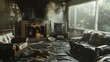 © VK Studio - A charred living room with burnt furniture and soot-stained walls, revealing the aftermath of a devastating fire.