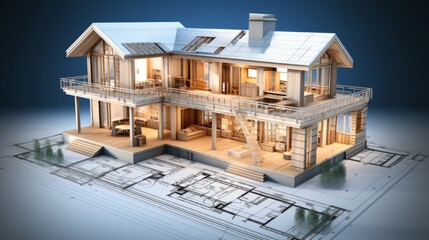 Poster - vision of architecture of a 3d model house project with blueprint