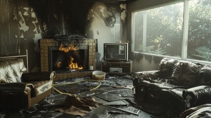 a charred living room with burnt furniture and soot-stained walls, revealing the aftermath of a deva