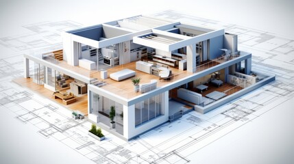 Poster - vision of architecture of a 3d model house project with blueprint