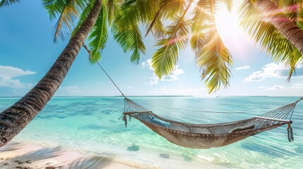 Sticker - A hammock hanging between two palm trees on a tropical island, with crystal-clear waters and a sunny, blue sky providing the perfect backdrop