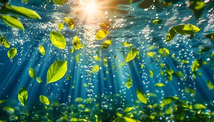 Underwater Paradise of Sparkling Leaves and Rising Bubbles in Sunlit Waters