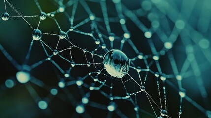 A close-up of a spider web adorned with water droplets, showcasing intricate patterns.