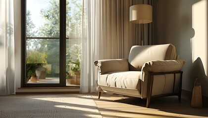 Serene modern living room bathed in warm sunlight, accentuating an elegant armchair and evoking a tranquil ambiance.