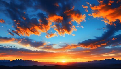 Sticker - The sun sets in the west, the sky is rendered by a gradient of orange and dark blue, and the outline of the mountains appears in the soft dusk, a peaceful and beautiful natural scenery.