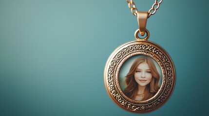 A beautiful gold locket pendant featuring a portrait inside, illuminated against a soft teal background.