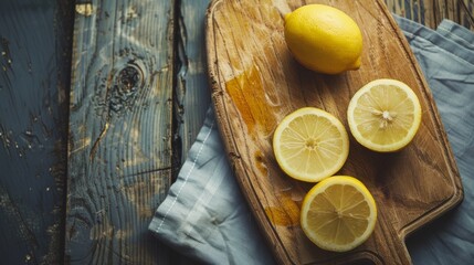 Canvas Print - Fresh lemons sliced and placed on a wooden board with a rustic table backdrop, showcasing a simple and refreshing scene.