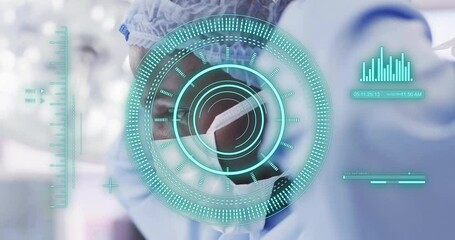 Poster - Animation of scope scanning and data processing over african american surgeon in operating theatre