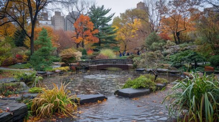 Sticker - A picturesque public garden with seasonal changes, showcasing autumn foliage, winter evergreens,