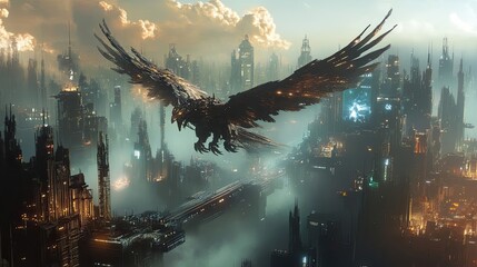 Wall Mural - Mechanical Eagle Soaring Over a Futuristic Cityscape