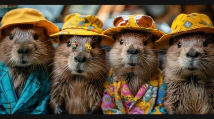 Wall Mural - Group of beaver in funky colourful outfits