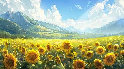 Poster - A picturesque spring landscape featuring a field of blooming sunflowers, their bright yellow petals creating a cheerful and sunny atmosphere