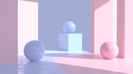Aufkleber - Dynamic 3D geometry featuring abstract cubes spheres and pyramids layered with depth and shadow effects to create a sense of futuristic complexity Large space for text in center Stock Photo with copy