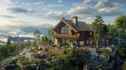 Wall Mural - A picturesque summer mountain lodge with a panoramic view, cozy outdoor seating, and vacationers enjoying the scenic beauty of the highlands.