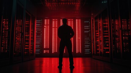 Silhouette of a Man in a Server Room