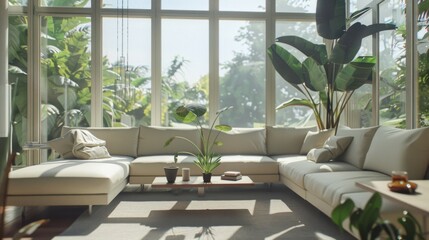 Wall Mural - An elegant sunroom with large windows and white cushions, filled with daylight and greenery, depicting relaxation and modern comfort.