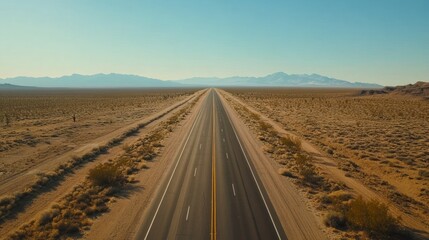 A long, straight road stretches through a desert landscape under a clear blue sky.