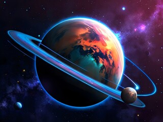 Poster - A vibrant and colourful planet with rings in space